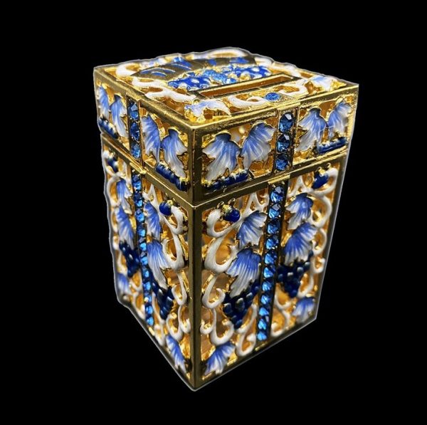 Blue Enamel & Stone Grapes Metal Tzedakah Box