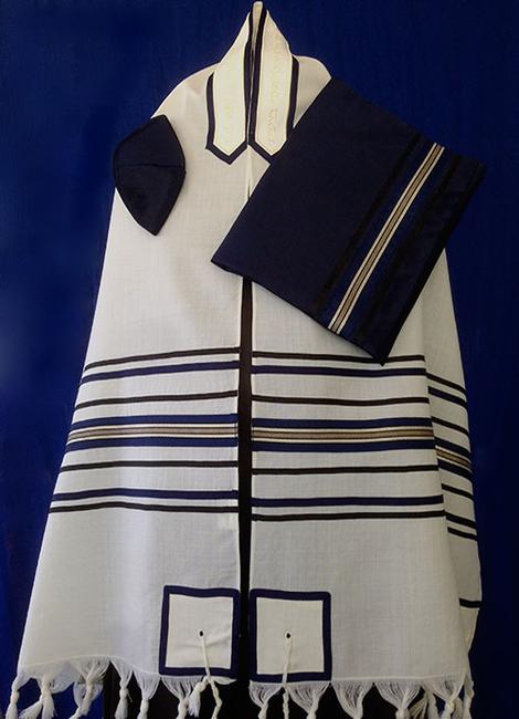 Multi Striped Navy and Gold Wool Tallit Set