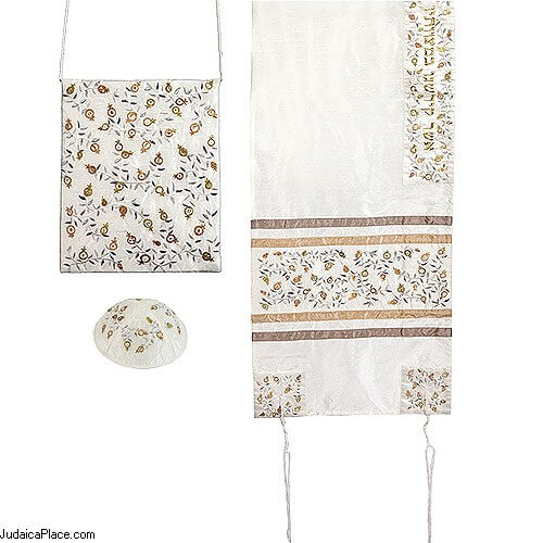 Embroidered Gold & Silver Pomegranates Raw Silk Tallit Set