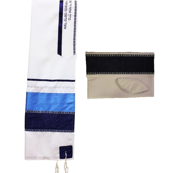 Navy Tallit Set with Royal Blue Silver and Ribbons