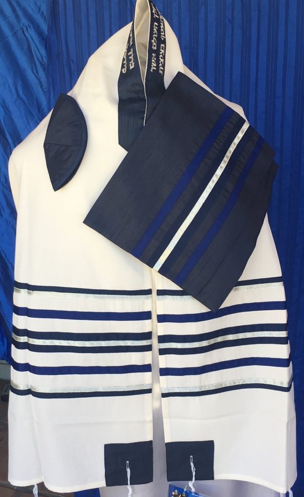Navy Stripes and Silver Wool Tallit Set