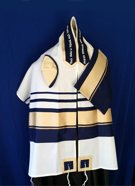 Navy and Gold Raw Silk on Wool Tallit Set