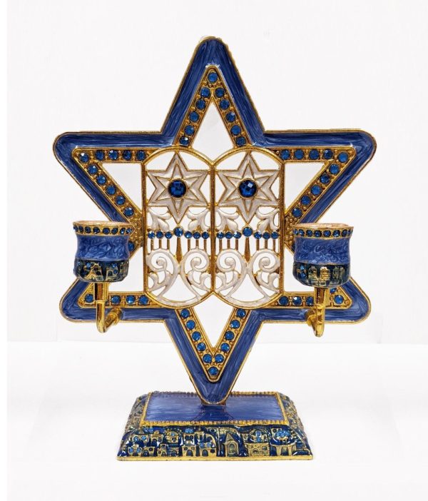 Blue Enamel & Crystal Star Shabbat Candle Holder