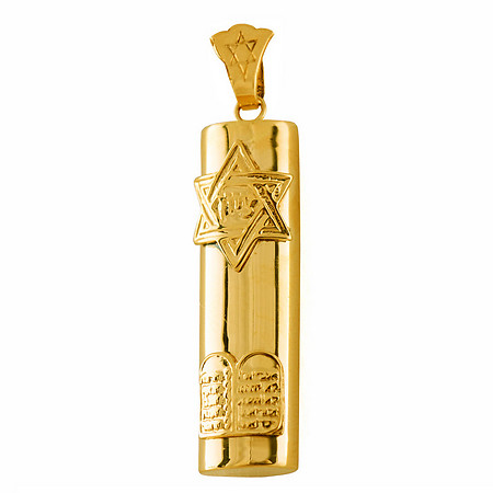 Gold Mezuzah with Tablets and Star, Oval