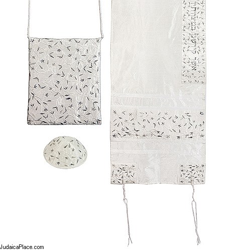 Embroidered Floral Silver Raw Silk Tallit Set