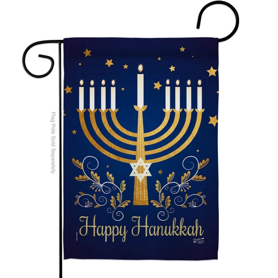 Garden Flag- Happy Hanukkah Navy with Gold Star of David Menorah