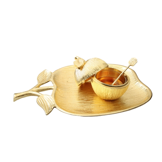 Gold Apple Honey Pot with Apple Plate