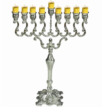 Traditional Oil Menorah, Silver Plated, Large 17"