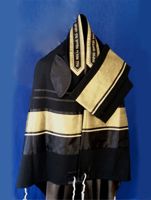 Olive-Gold Raw Silk on Black Wool Tallit Set