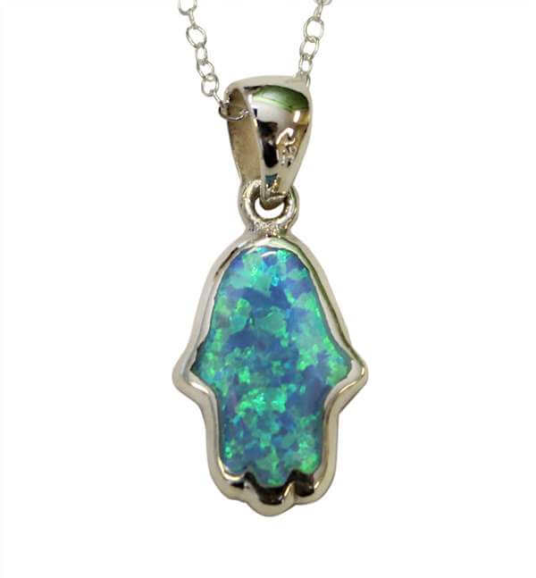Blue Green Opal Hamsa with Sterling Silver Chain
