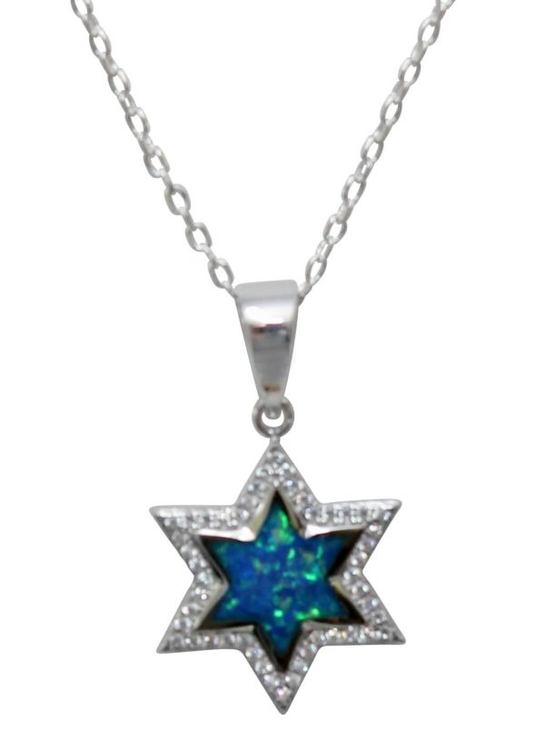 Micro CZ Star of David with Opal and Sterling Silver Chain