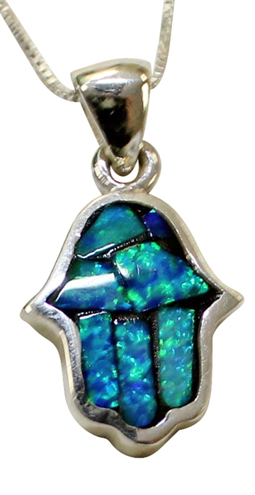 Stained Glass Window Opal Hamsa with Sterling Sliver Chain