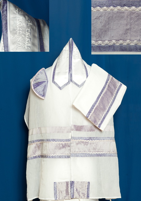 Lavender and Purple Silk on White Chiffon Tallit Set