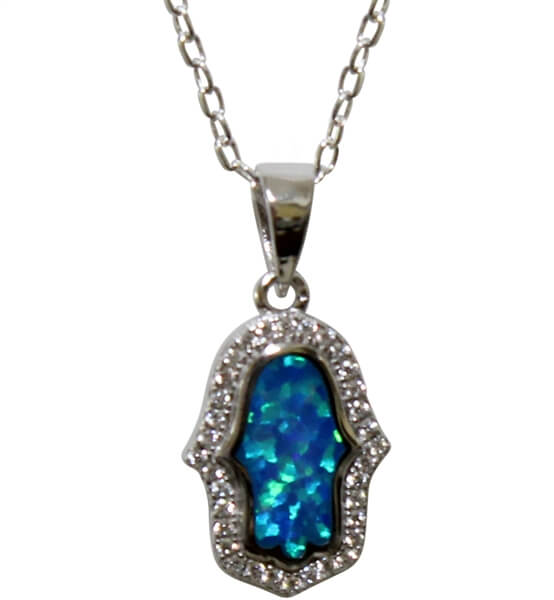 Micro CZ Hamsa  with Opal and Sterling Silver Chain