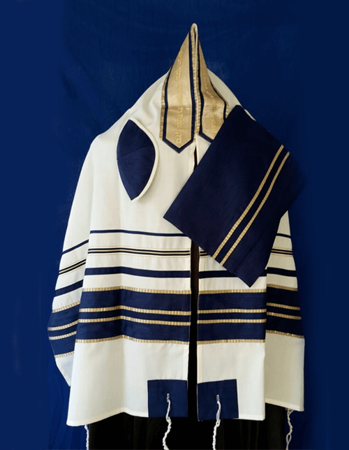 Navy and Gold Stripes Wool Tallit Set