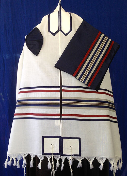 Navy and Red Wool Tallit Set