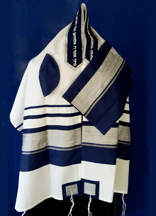 Navy and Silver Raw Silk on Wool Tallit Set