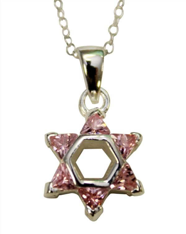 Pink Crystals Star of David with Sterling Silver Chain