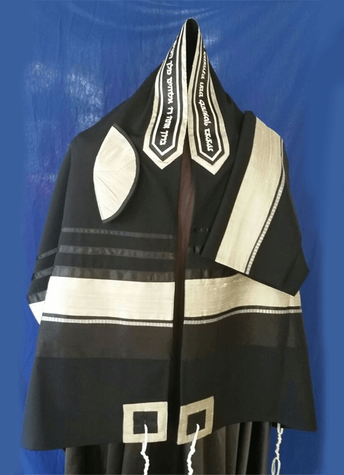 Silver Raw Silk Ribbons on Black Wool Tallit Set