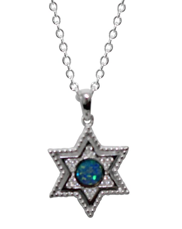 Micro CZ, Opal Star of David with Sterling Silver Chain