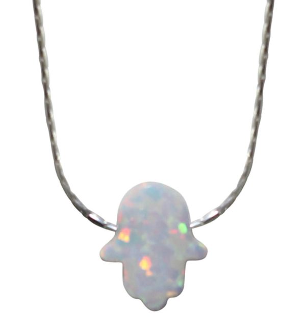 White Opal Hamsa with Sterling Silver Chain