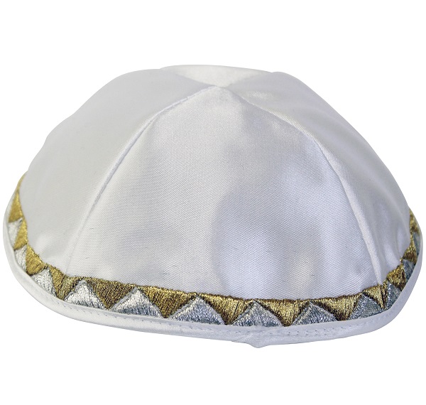 Satin Kippah, White with Silver & Gold Triangles