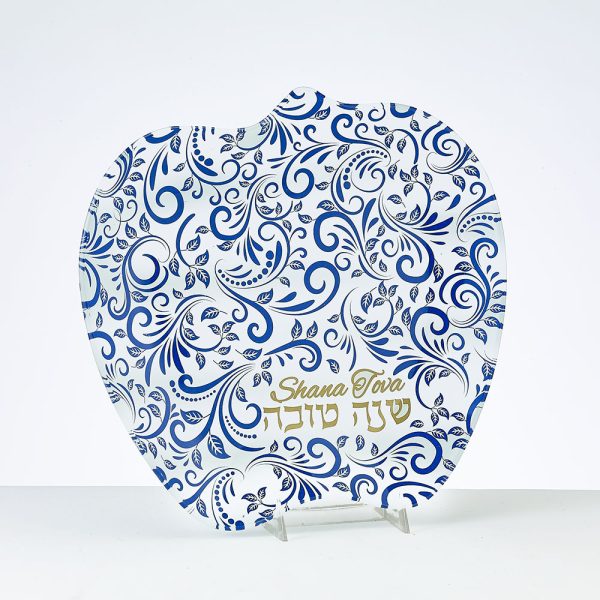 Glass Apple Plate with Blue and Gold Design