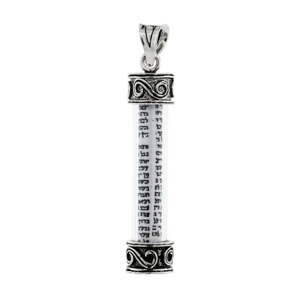 Clear Tube Scroll Pattern Mezuzah with Sterling Silver Chain