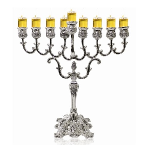 Traditional Oil Menorah, Silver Plated 11"