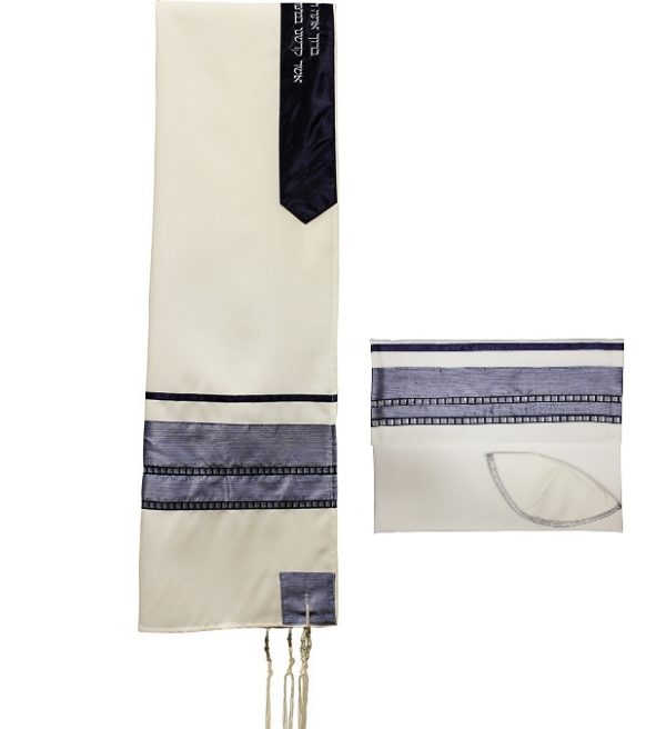 Slate Blue Tallit Set with Silver Ribbons