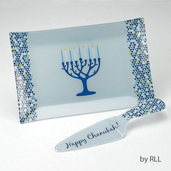 Tree of Life Chanukah Glass Tray and Server Set
