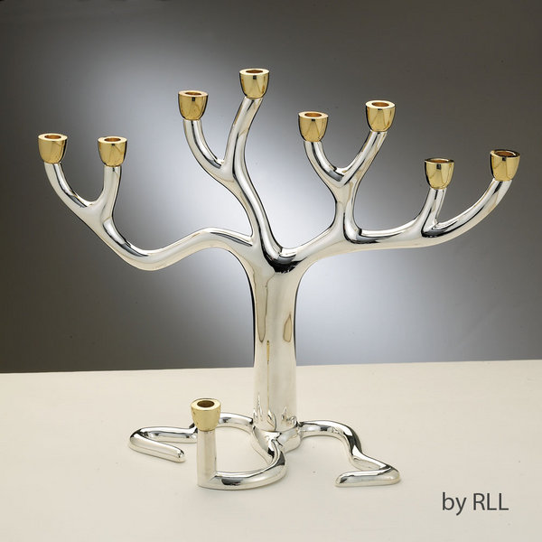 Tree of Life Menorah - Silver Plated with Gold-tone Cups, Medium