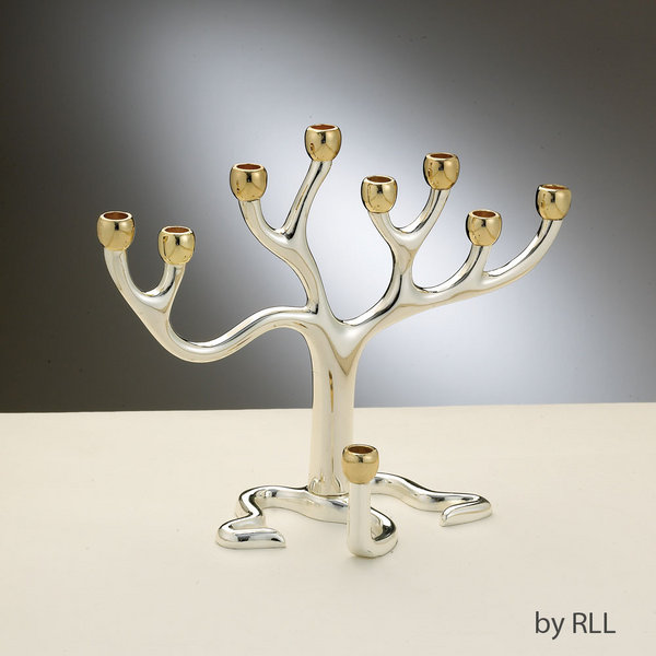 Tree of Life Menorah - Silver Plated with Gold-tone Cups, Medium
