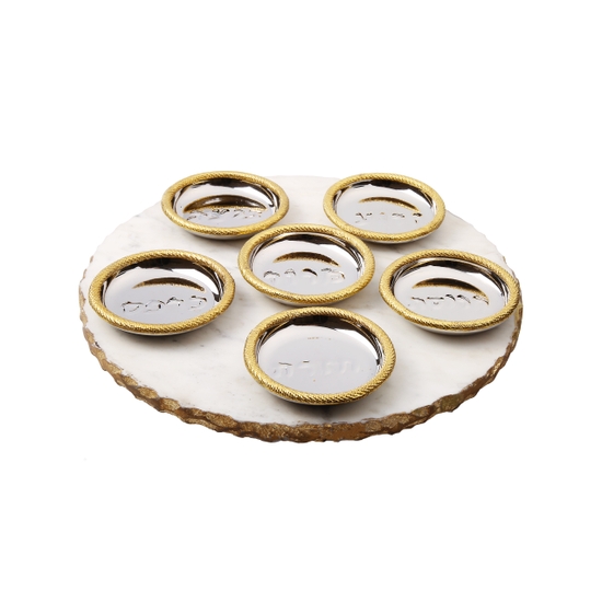 White Marble Seder Plate with Gold Trim