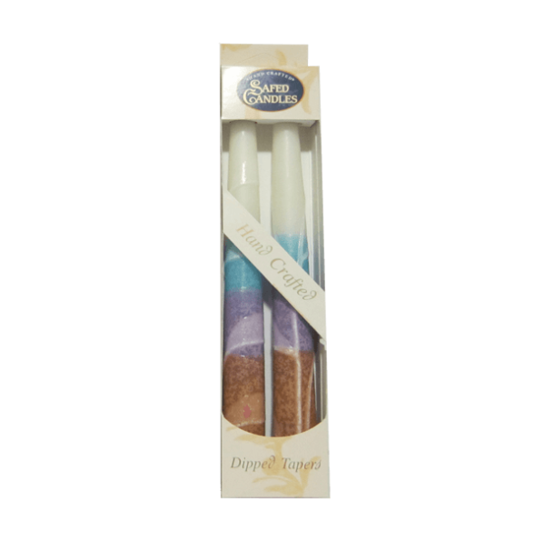 White & Teal Safed Shabbat Dripless Candles, 7.5"