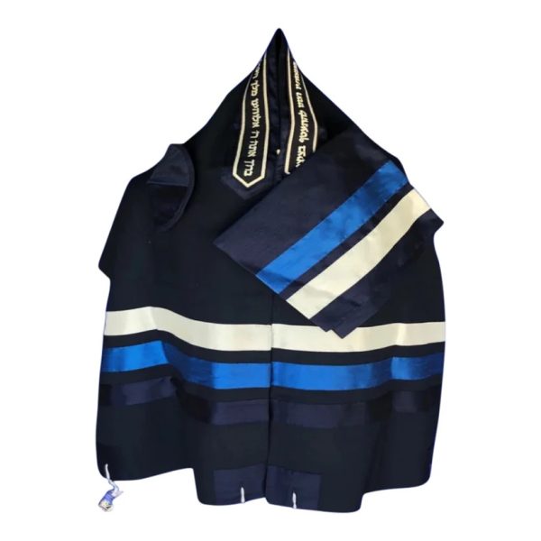 Royal Blue Silk Ribbons on Navy Wool Tallit Set