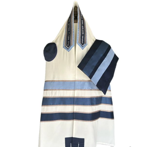 Three Shades Blues Silk Ribbons & Gold Trim on Brushed Cotton Tallit Set